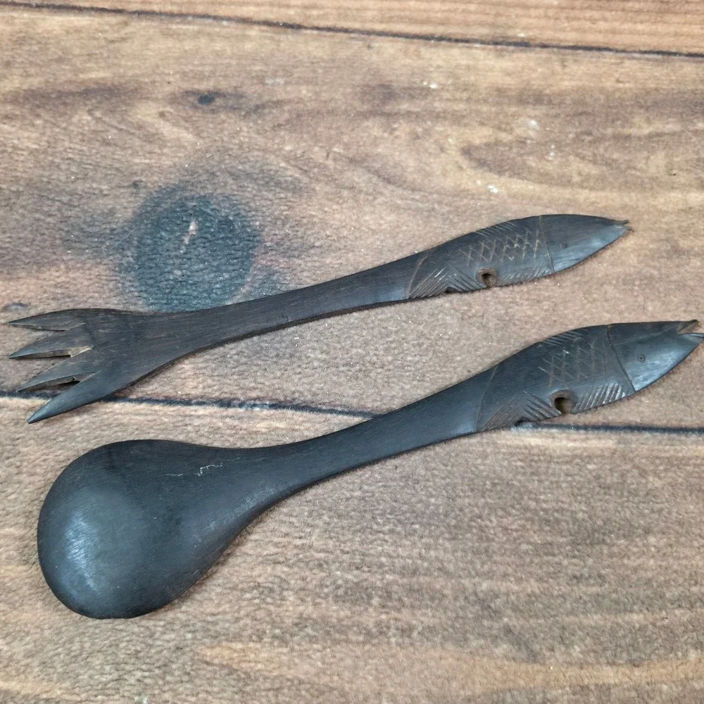 Salad Serving Set Home 12.5in Dark Wood Excellent Fish Hand Carved